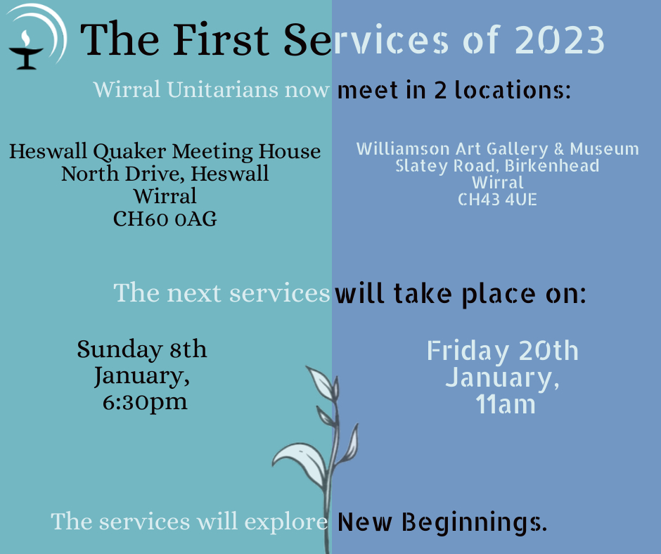 TheUnitariansMD's tweet photo. @wirralunitarian Join Rev. Philip Waldron, this Sunday @ 6:30pm at the Heswall Quaker Meeting House OR on Friday 20th January @ 11am, at our new location: Williamson Art Gallery &amp; Museum 🌱

#whatsonwirral #SundayService #wirral #unitariansofinstagram #Unitarian #Unitarians https://t.co/HFGsx4XnF5