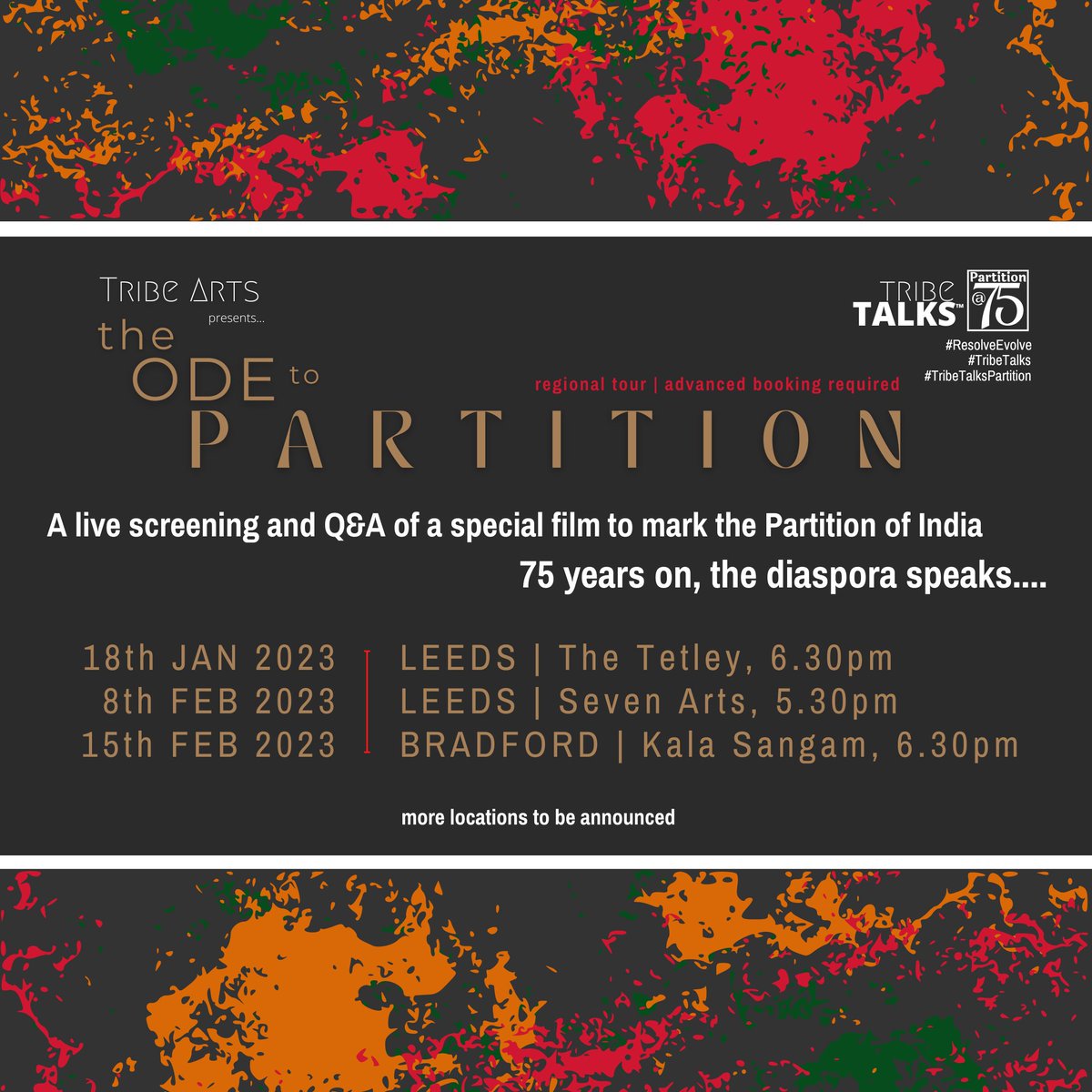 Tribe__Arts's tweet photo. FREE screenings &amp; Q&amp;A with creative team of our special short📽️The Ode to Partition.

18th Jan - @The_Tetley 
8th Feb - @Seven_Arts 
15th Feb - @Kala_Sangam 

Tickets going fast!👇
https://t.co/0OoLdEiXHy

#TribeTalks #TribeTalksPartition #ResolveEvolve https://t.co/QqZrCZiqt7