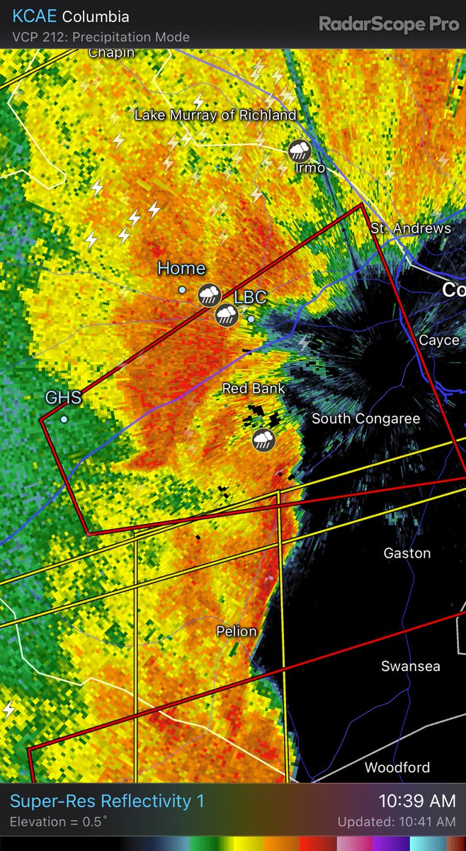 LexSCwx's tweet photo. Radar indicated rotation south part of Gilbert. Moving toward Red Bank and Congaree. KCAE - Super-Res Reflectivity 1 10:39 AM #scwx https://t.co/O52PQOLdrg