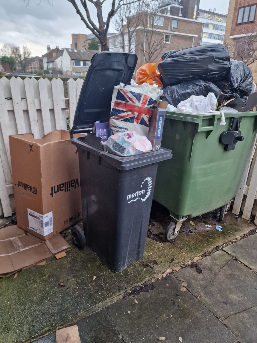 monkeyinawig's tweet photo. #MertonCouncil @Merton_Council should feel ashamed leaving bins almost a month between collections we were assured they would be emptied before Christmas. This is today not to mention the bin bag that's fallen under my bedroom window. My neighbour was hung up on. https://t.co/ygrJutBEW1