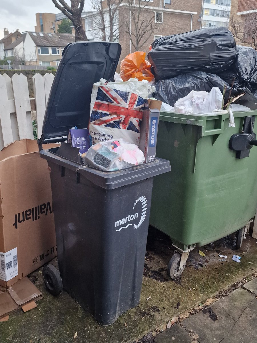 monkeyinawig's tweet photo. #MertonCouncil @Merton_Council should feel ashamed leaving bins almost a month between collections we were assured they would be emptied before Christmas. This is today not to mention the bin bag that's fallen under my bedroom window. My neighbour was hung up on. https://t.co/ygrJutBEW1