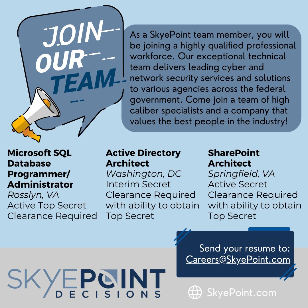 New Year, New Opportunities! #HotJobAlert

Microsoft SQL Database Programmer/Administrator ow.ly/gFUP50MilGu
Active Directory Architect ow.ly/QCfk50MilGp
SharePoint Architect ow.ly/5Qky50MilGv

#SQL #ActiveDirectory #SharePoint #WereHiring #ClearedJobs #ITJobs