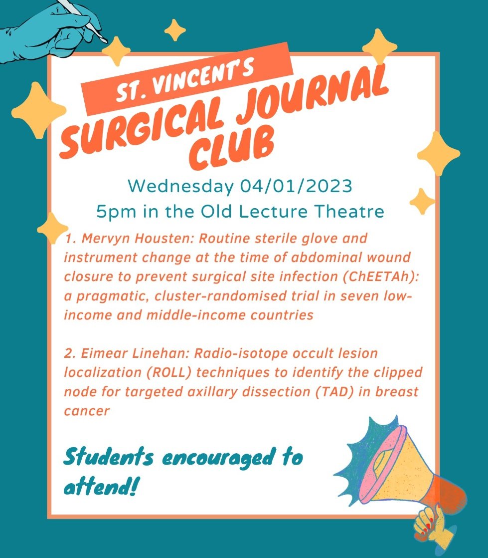 UCDsmj's tweet photo. 📖 Surgical Journal Club! 📖 
📕 Where? Old Lecture Theatre, SVUH
📗When? Today (Wednesday 4th January) at 5pm https://t.co/sQ8XrTzaRQ