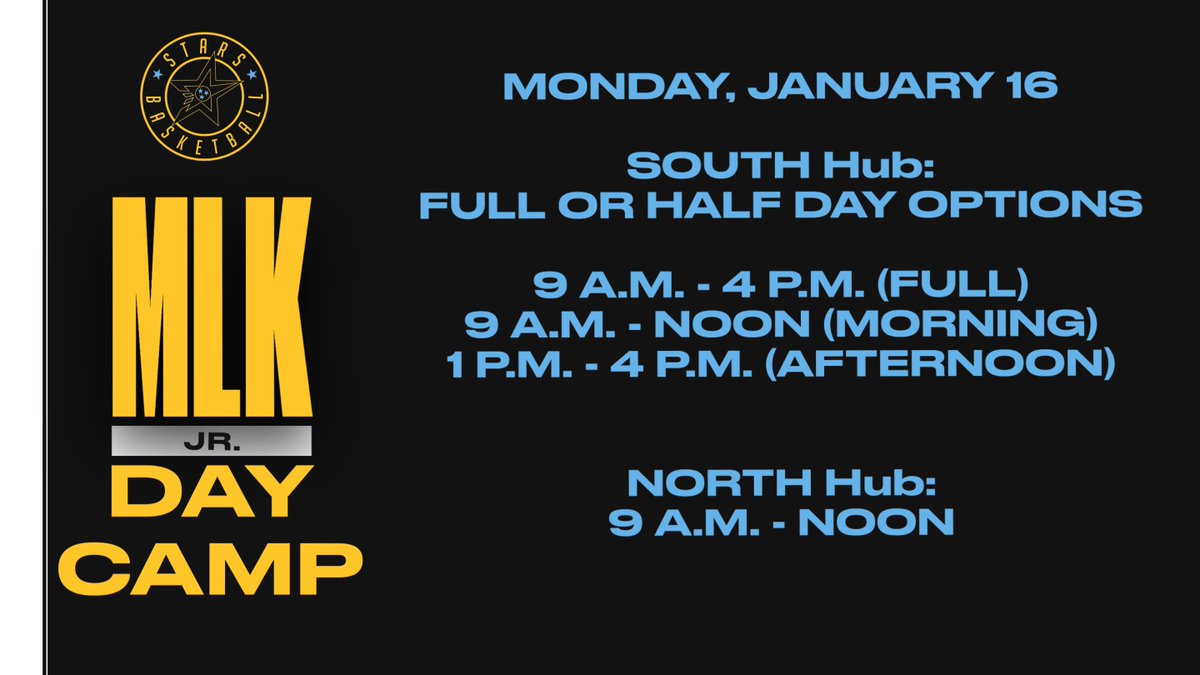 StarsBballClub's tweet photo. Join us Monday, January 16 for our MLK Camp!
SOUTH Hub:
Full day or 1/2 day options (see details below)
NORTH Hub:
Morning session
https://t.co/2qnZmLOxSk
#MLKDay #hoopstime #getbetter #morethan https://t.co/na87owwada