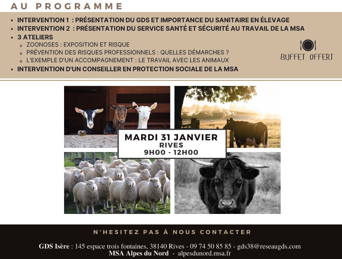🗓️ La #MSA &amp; le <a href="/GDS_France/">GDS France</a> #Isère organisent une matinée d’info et d’échanges pour les nouveaux installés (installation < 3 ans) en élevage bovins et petits ruminants. C'est le 31/01 à #Rives de 9h à 12h, au GDS – 145 Espace Trois Fontaines. Inscriptions👉forms.office.com/Pages/Response…