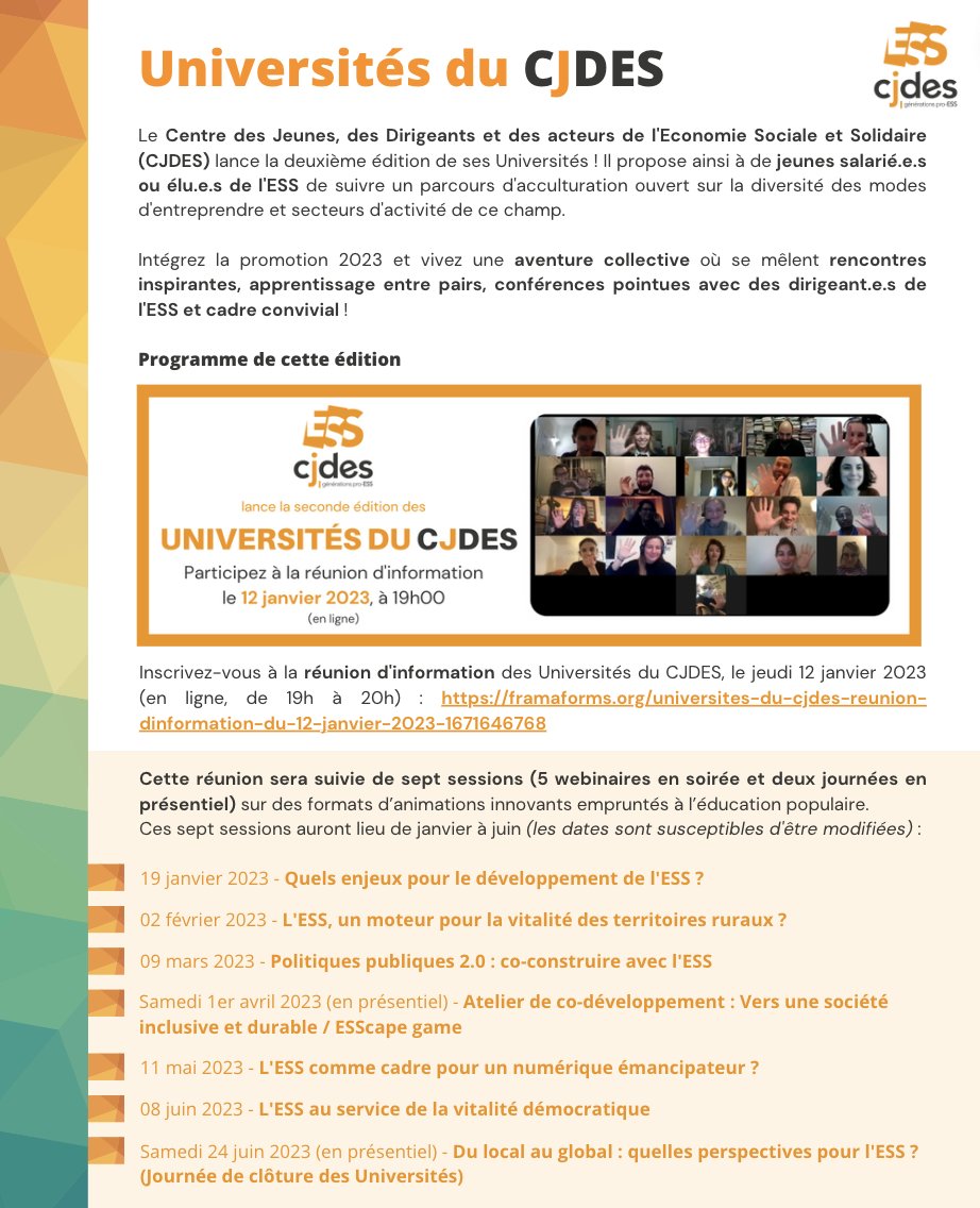 cjdesnat's tweet photo. Inscrivez-vous à la deuxième édition des Universités du CJDES !
ℹ️ Réunion d'information le 12 janvier, à 19h
🗓️ Session 1/7 "Quels enjeux pour le développement de l'ESS ?" le 19 janvier, à 18h30

➡️ S'inscrire : https://t.co/9am57aigTS
➡️ En savoir plus : https://t.co/LVU7p6SrwE https://t.co/NZV8aBJiyw