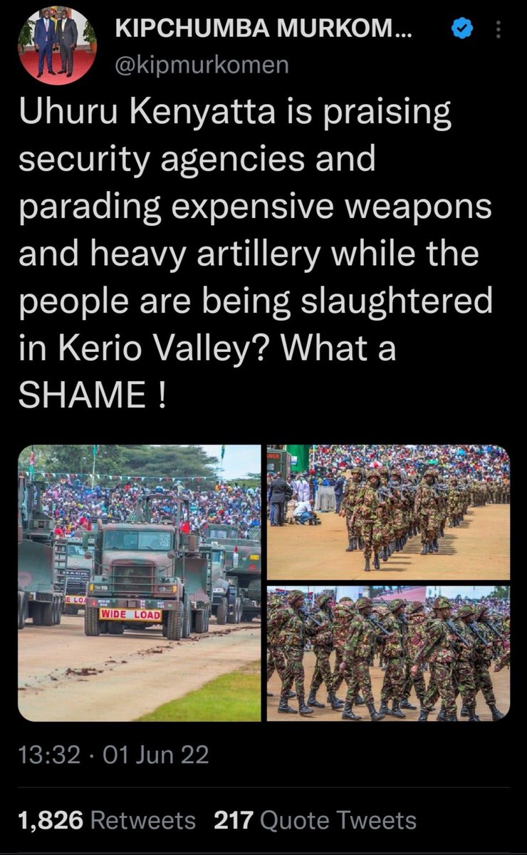 JaEconomics's tweet photo. Oya @Kipmurkomen karma is a bitch. Why are people being slaughtered in Kerio Valley? Now @WilliamsRuto has the weapons and heavy artillery. SHAME https://t.co/VpfW105PgO