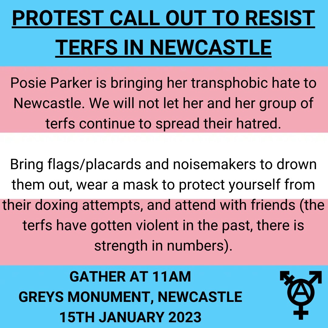 NEAnarchoGroup's tweet photo. 🚨Posie Parker and a group of TERFs are planning a demonstration at the Monument next weekend. If you’re in the area, please come along and let the world know that transphobia is not welcome on Tyneside 🏳️‍⚧️🏳️‍⚧️🏳️‍⚧️ https://t.co/F3pr70H7XN