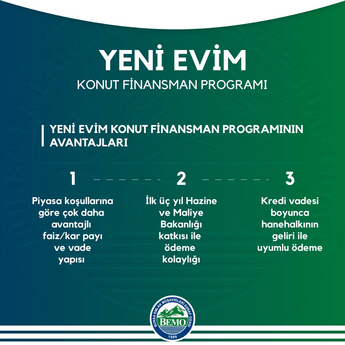BEMOresmi's tweet photo. Yeni evim konut finansman programı 

#bemo #bursaemlakmüşavirleriodası #bursa #emlak #emlakçı #gayrimenkul #gayrimenkuldanışmanı #emlakdanışmanı #yenievim #konut #kredi #konutkredisi #konutfinansmanı https://t.co/jXfWSdysGk