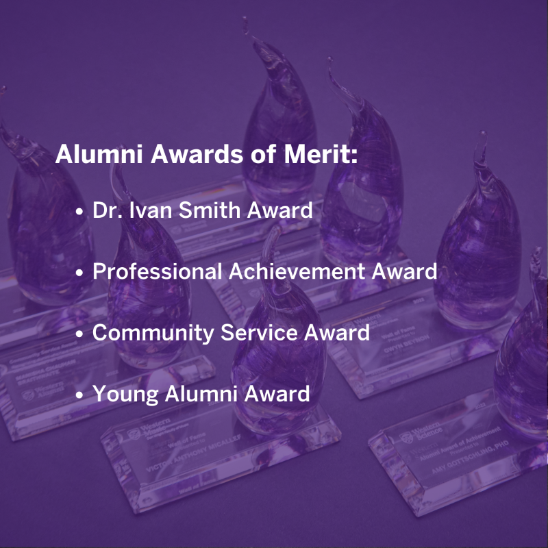 westernuAlumni's tweet photo. We know we have incredible #WesternU grads, and now is the time to nominate them for an Alumni Award of Merit! 🏆

Each award category recognizes alumni who have made outstanding contributions to their professions or communities. 

Nominations close March 1.