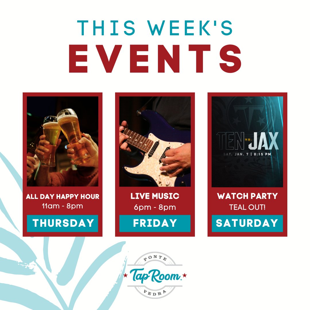 pvtaproom's tweet photo. You don’t want to miss this week's events! ❣️
★ All Day Happy Hour on Thursday 🍺
★ Live Music on Friday 🎸
★ Titans vs. Jaguars Watch Party on Saturday 🏈

Start your 2023 off right and come join us! #pvtaproom #pontevedrabeach #events #thisweek #joinus https://t.co/SsgQXgaJnp