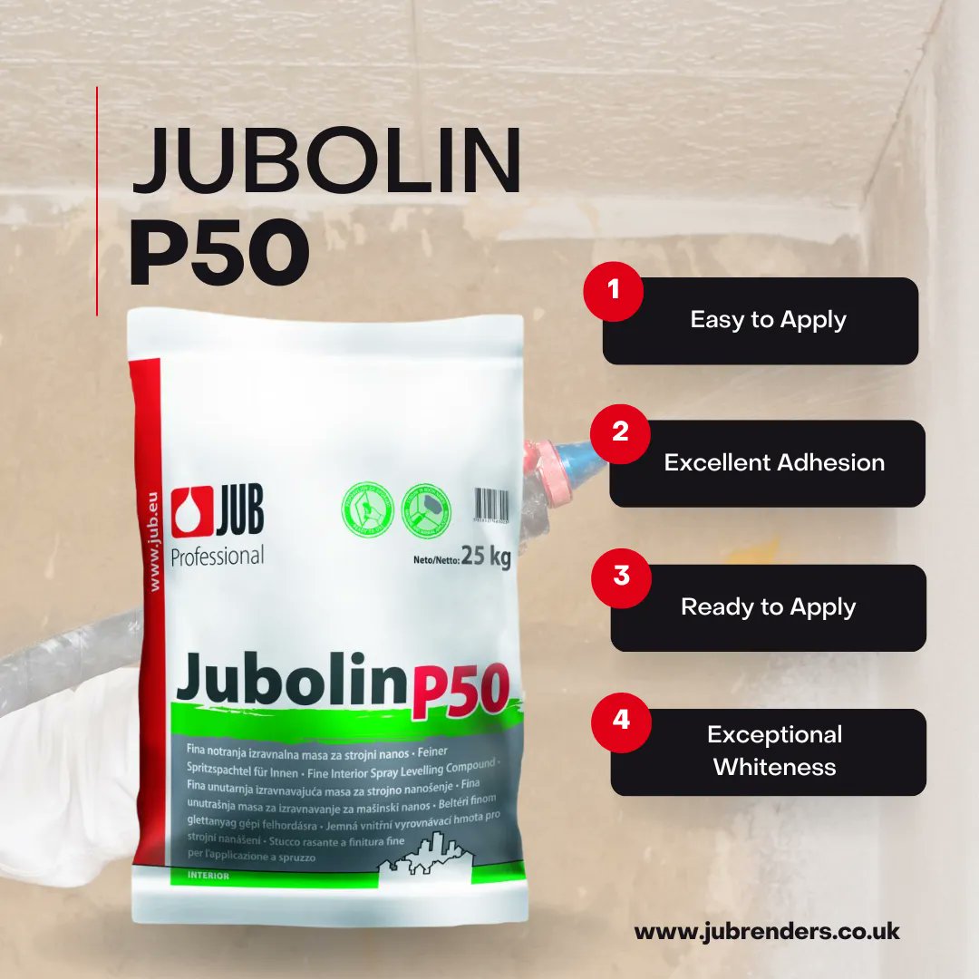 JUBSYSTEMS's tweet image. Achieve a smooth crisp finish with our JUBOLIN P50 🔝

Why choose our JUB airless spray plaster? 

👉 ready mixed to be applied
👉 fast &amp;amp; smooth application
👉 minimal waste

Learn more: buff.ly/3GeZuqs 🔎

#sprayplaster #plastering #plaster #plasterer #plasteringwalls