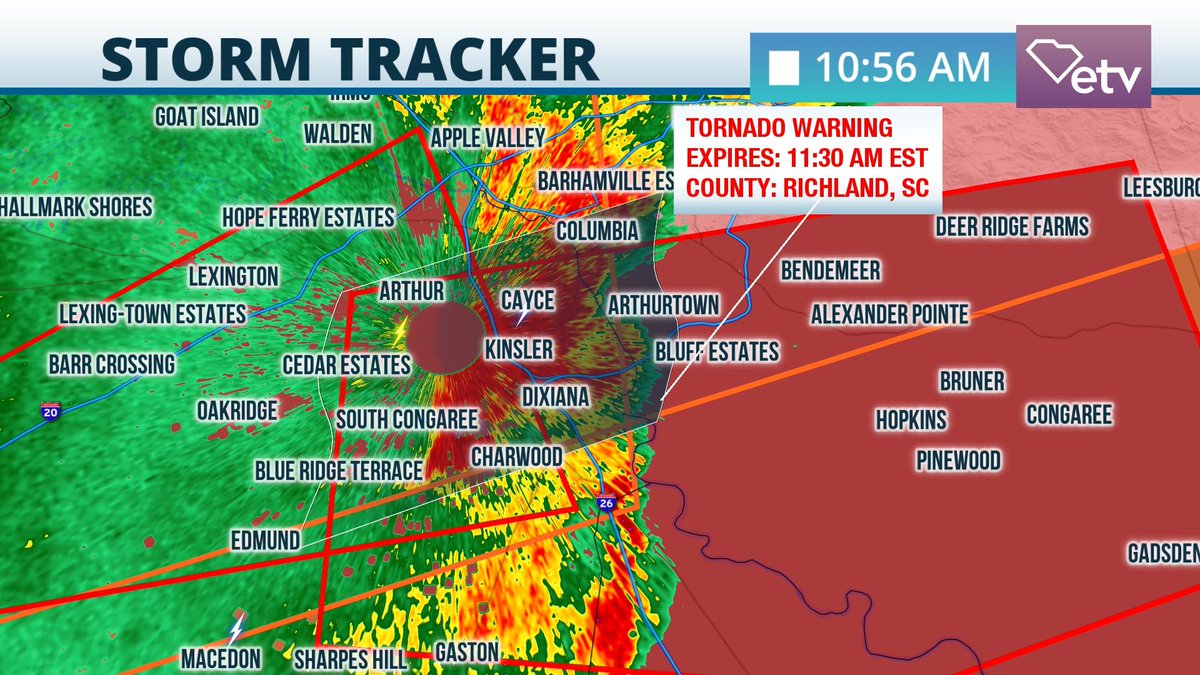 Columbia NWS reports doppler radar is indicating a tornado on the ground SE of Red Bank and WSW of Congaree moving NE. Possible tornado will likely track south of the airport.