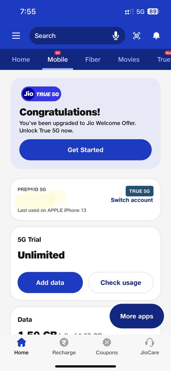 iamparas's tweet photo. Yesterday I have received Jio 5G Welcome Offer on one of my jio number my another jio number which is my primary number running on same device yet not get Jio 5G Welcome Offer..Pls Do the needful @JioCare @reliancejio https://t.co/BSBX5o66Bv