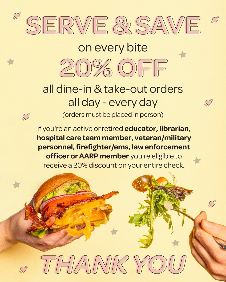 20% off your whole check?? 🤭

As a thank you to every active or retired hospital care team member, educator, librarian, veteran/military personnel, firefighter/EMS, law enforcement officer or AARP member, we are giving you a 20% discount on your whole check. All day everyday!