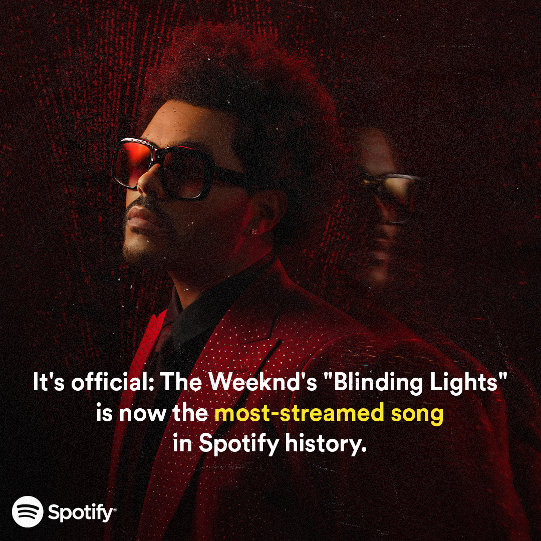 Spotify's tweet photo. New Year, New Records 🏆 @theweeknd's "Blinding Lights" is now the most-streamed song in Spotify history. https://t.co/B7eTGVOb6q