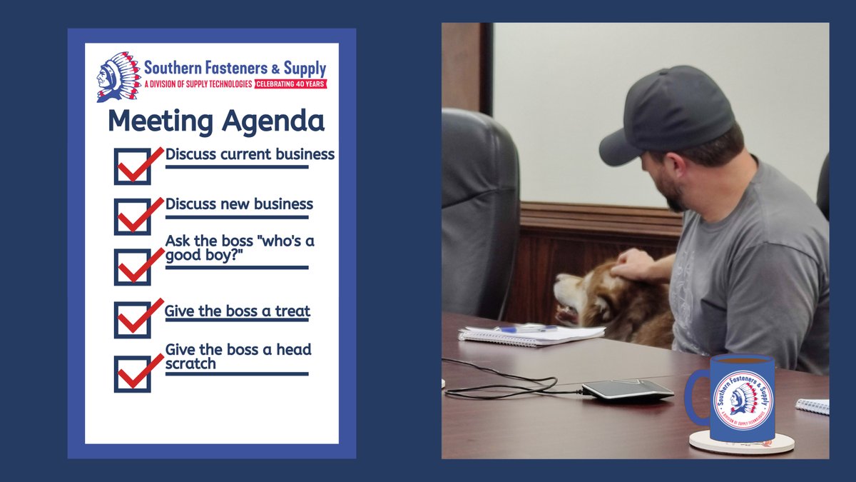 SFandS_LLC's tweet photo. Monthly manager’s meetings are held at SFS and a strict agenda is followed. Here we see Kiyoshi (one of our lead managers) and Jason (our quality assurance manager) finishing up a recent meeting.

#mysfas #southernfasteners  #WhoWeAreWednesday #dogsarethebest #alaskanmalamute https://t.co/jlVY63c3bz