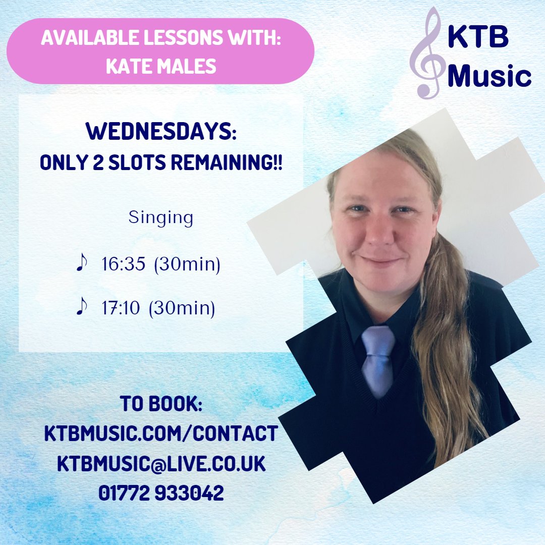 Kate's lessons here at KTB Music recommence on Monday, 9th January. She now only has two available slots on Wednesdays! If you'd like to sing with passion, conviction & confidence, book today to save disappointment. #sing #singinglessons #vocaltechnique #musictheatre #pop #rock