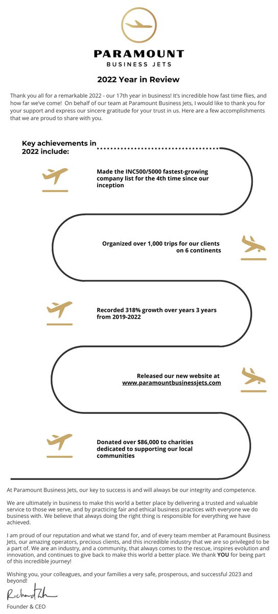 On behalf of Paramount Business Jets,

Wishing you and your whole team a happy and blessed New Year! 

#privatejet #privatejetcharter #privateaviation #privateflight #privatejetlife #privatejets #privatejetlifestyle #charterflights #charterflight #charterbroker