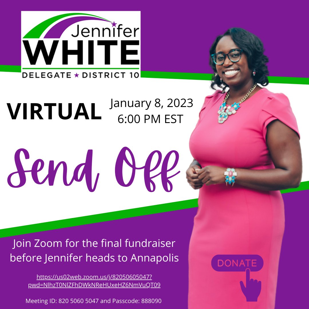 voteforjenwhite's tweet photo. Join me THIS Sunday at 6 PM (EST) for a virtual sendoff! We'll gather virtually before the legislative session to express my gratitude, share priorities, make one final ask, and celebrate! Visit the link in bio to join. #JenForTen https://t.co/i7g2UbcI65