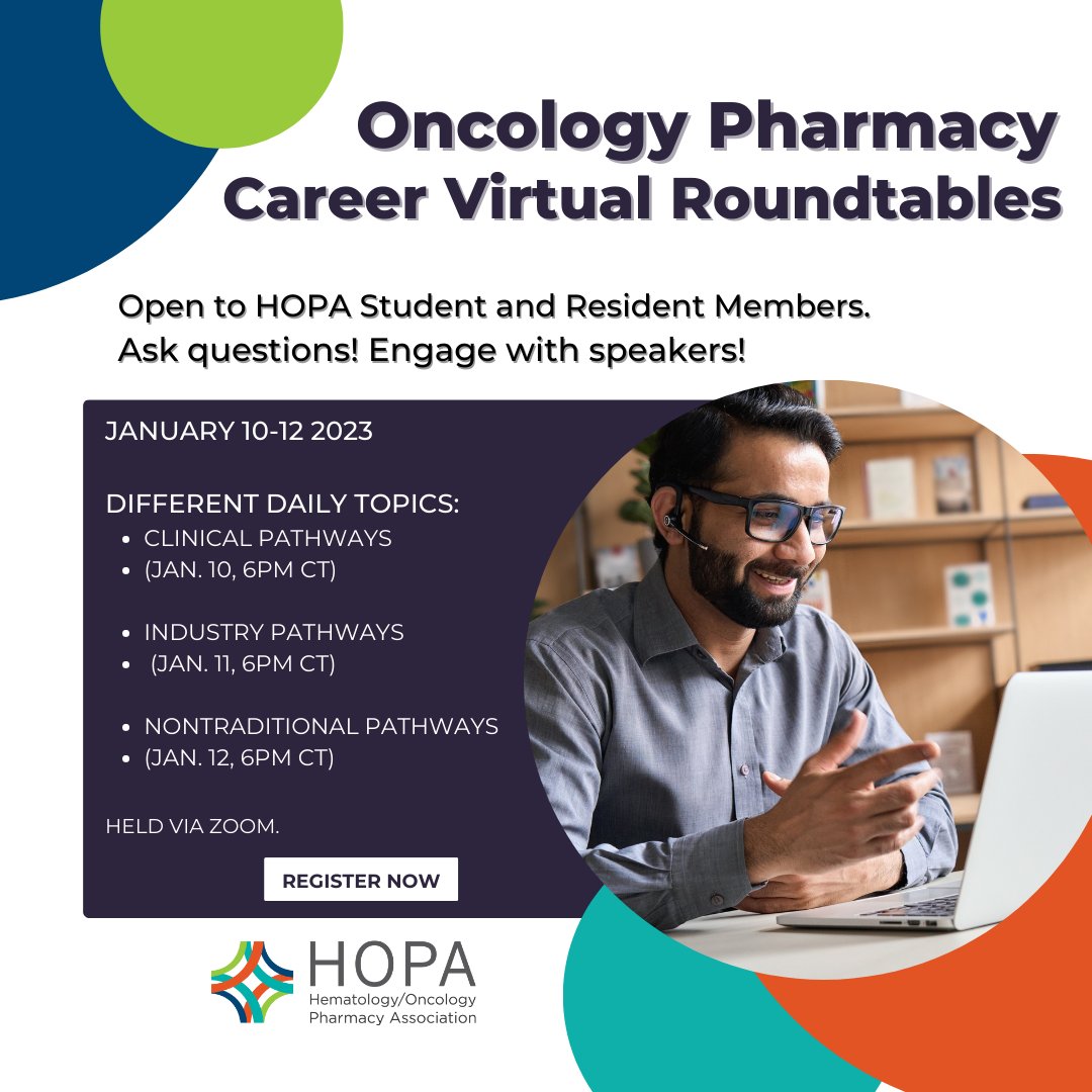 HOPArx's tweet photo. From Jan 10-12, joins us for virtual roundtables about the many different pathways available in Oncology Pharmacy careers. Register at https://t.co/vyVJG86GLk https://t.co/kNyTA7OwGa