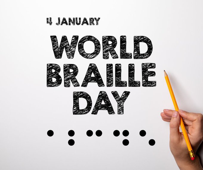 Text written in bold on paper saying "January 4th, World Braille Day" Random generated braille is below the text.