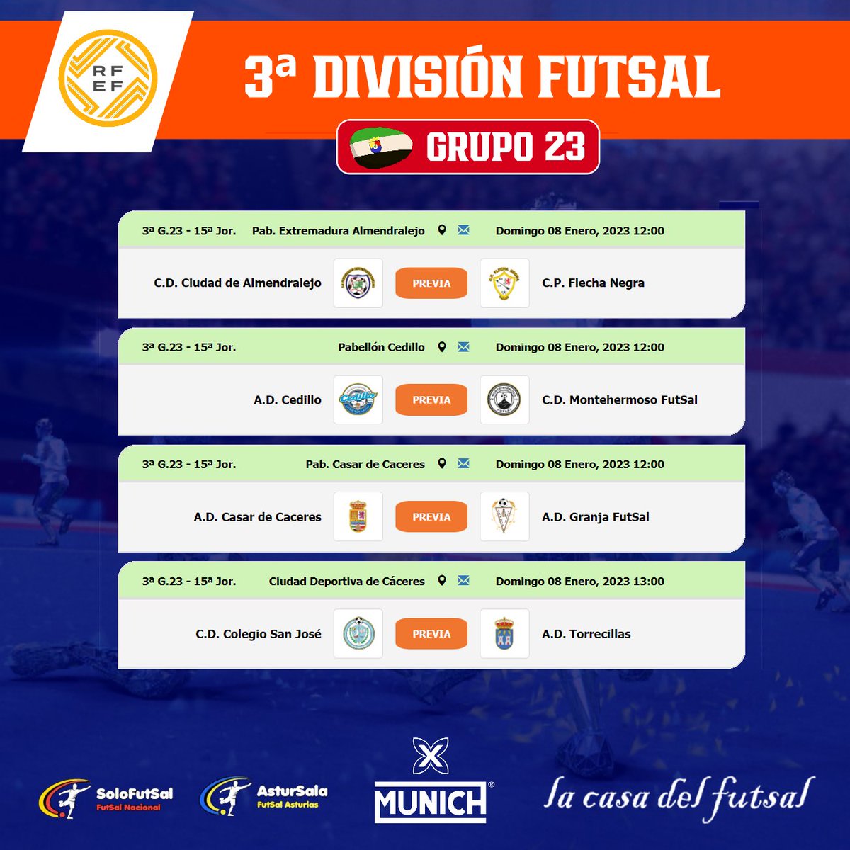 🟧 3⃣ª DIVISIÓN FEDERACIÓN FUTSAL
🏆GRUPO2⃣3⃣ / 📆15ª JORNADA /⏰HORARIOS

📎solo-futsal.es/3-division-rfe…

🔀  <a href="/DeleitosaFS/">Deleitosa F.S.</a> <a href="/ADCedilloFutsal/">A.D. CEDILLO</a>  <a href="/ADTORRECILLAS1/">A.D TORRECILLAS</a> <a href="/PUBLIJAIMEFS/">PUBLIJAIME VILLA XARAHÍZ FS</a> <a href="/CaceresUExFS/">Cáceres FS</a>   <a href="/adgranjafutsal/">Granja Futsal</a> @adcasarfutsal 

#FutSal | #Extremadura | #3DvsFutSal23 #
