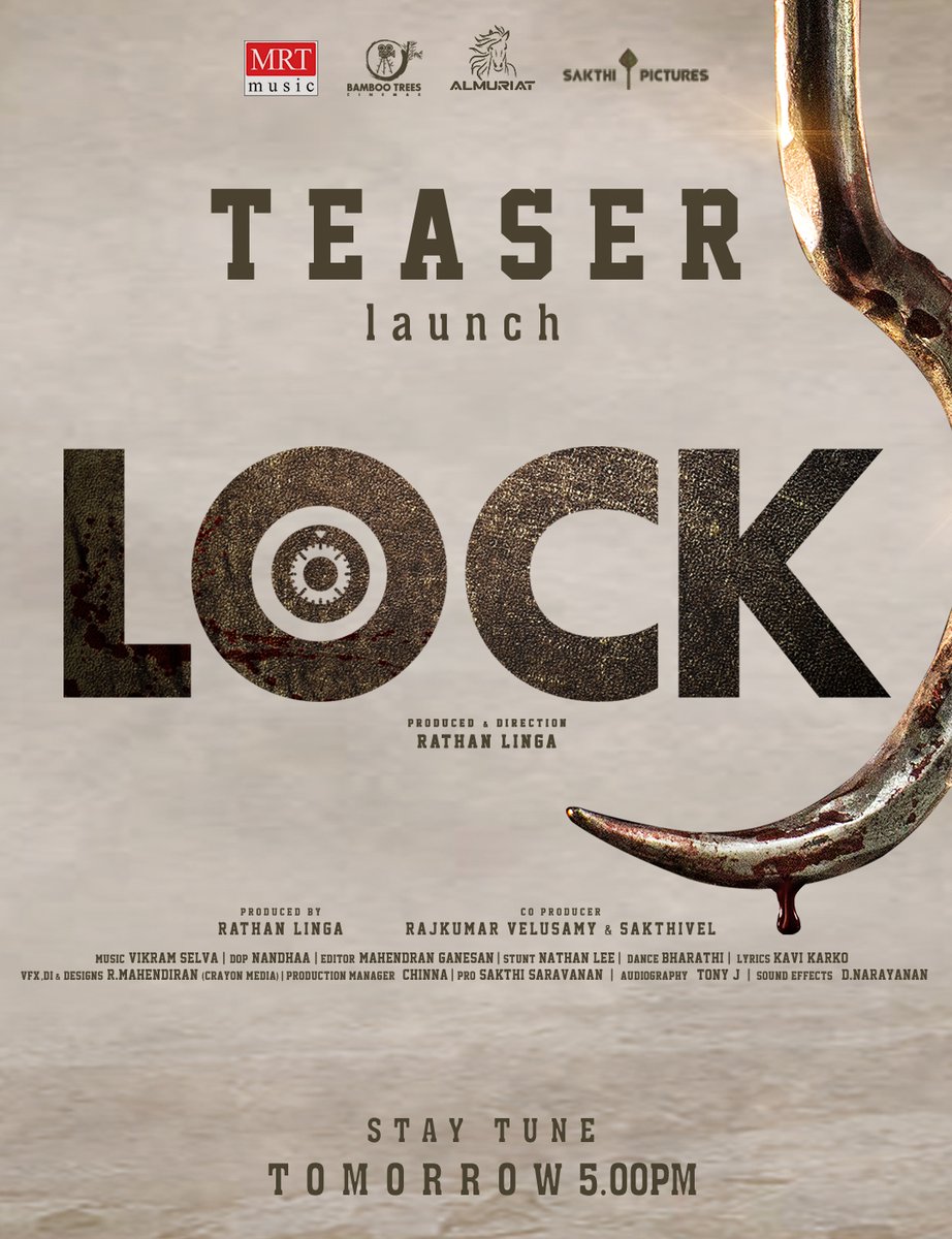 Mrtmusicoff's tweet photo. #LOCK🔒 Teaser Dropping Tomorrow @5pm, Stay Tuned.

A #VikramSelva Musical 🎹
@wilfredvivek4 @sasikumarsivak1 @BambooTrees01 @Mahendraneditor @vikkramselva @Editor_yuvaraj @Mrtmusicoff https://t.co/5rDV2v34vN