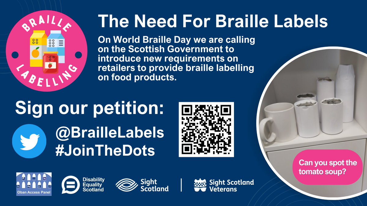 BrailleLabels's tweet photo. We are calling on @scotgov to introduce legislation which requires braille labelling to be on food products across Scotland. #JoinTheDots  @DEScotTweets @scotgov @ALLIANCEScot @NicolaSturgeon @Douglas4Moray @AnasSarwar @agcolehamilton @patrickharvie @lornaslater @ChristinaSNP https://t.co/SvA5P5YzZV