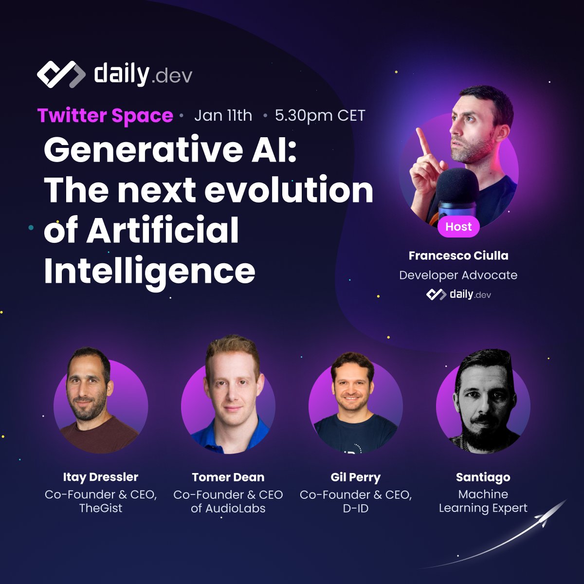 dailydotdev's tweet image. 🟣@dailydotdev Twitter Spaces 🟣
What is Generative AI, and how can it change our lives in the future?
Speakers:
@svpino 
@tomerdean 
@gil__perry 
@itaydressler 
Host: @FrancescoCiull4
🗓️Jan 11th, Wed
⏰5.30pm CET
🔗