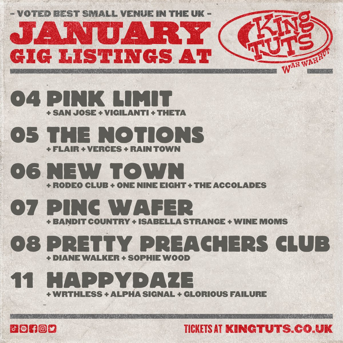 kingtuts's tweet photo. JANUARY LISTINGS ⇾ Check out our fantastic range of gigs we have lined up this month as part of King Tut's New Year's Revolution! 🎸🎵 

MORE INFO → https://t.co/5MFqtk0UzR https://t.co/HImuCnmbNw