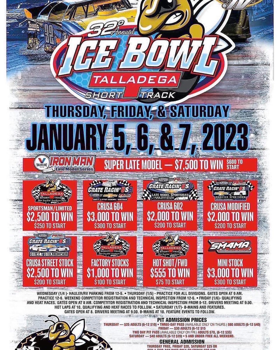 It’s Ice Bowl Week at TST! $7,500 to win/$600 to start Thurs 1/5 Practice Fri 1/6 Qualify/Heats Sat 1/7 B-Mains/Features @Valvoline Iron-Man Late Model Series opener. Non points but points for 3 race winter series. Hoosier 1350/1600 anywhere, 70 RR option. No droop rule.