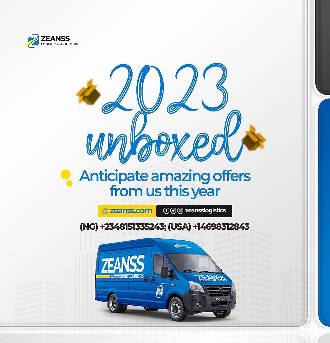 zeansslogistics's tweet photo. 2023 Unboxed!
Anticipate amazing offers from us this year.
Call or W/A:
USA
+14698312843
NG
+2348151335243, +2349077700054
About us: https://t.co/Zr7bt7KZ46
#zeanss #logistics #cargo #delivery #USlogistics #logisticsinusa #Dallas #Nigeria https://t.co/s2Zh1WEyHY