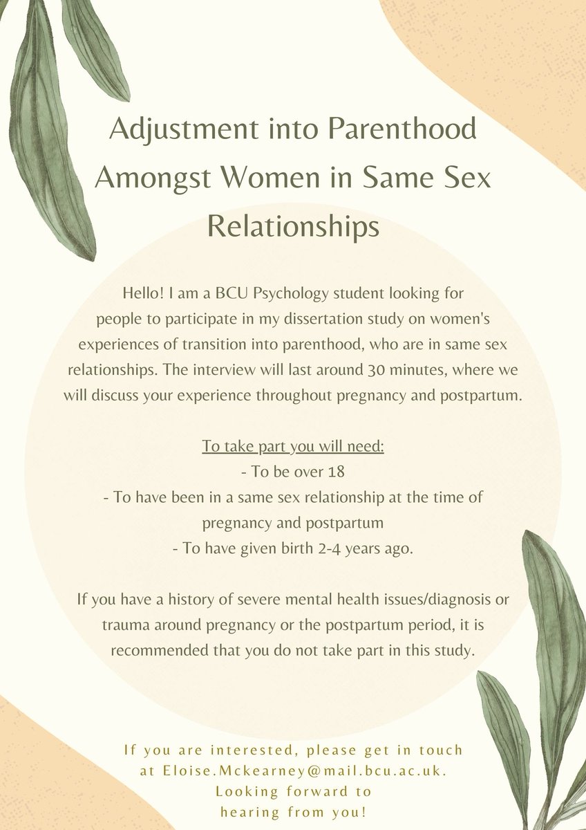 My UG dissertation student is conducting a study aimed to explore adjustment into #parenthood amongst women in same sex relationships. Please contact Eloise using the details below if you (or anyone you know) fit the criteria and would be interested in taking part. Please RT🌈