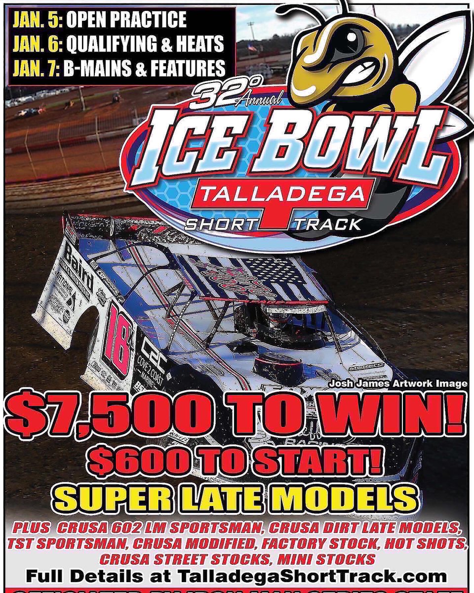 32nd Annual ICE BOWL at TST-Eastaboga, AL January 5/6/7 1. $7,500, 2. $4,000, 3. $3,000, 4. $2,500, 5. $2,000, 6. $1,800, 7. $1,600, 8. $1,400, 9. $1,200, 10. $1,100, 11. $1,000, 12. $800, 13. $750, 14. $700, 15. $650, 16. $640, 17. $630, 18. $620, 19. $610, 20-24. $600