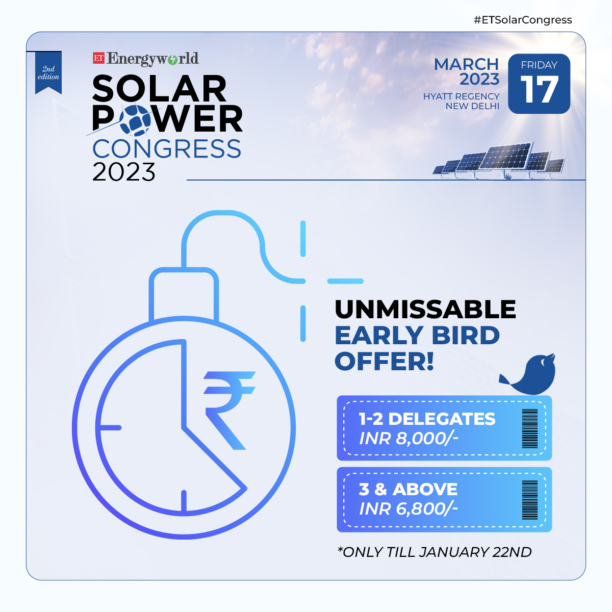 ETEnergyWorld's tweet photo. 💡A riveting experience awaits you at ET EnergyWorld's Solar Power Congress - '23, with 20+ thought leaders &amp; 200 + attendees. Catch the early bird offer right now - https://t.co/e95VlpFdKi

#ETSolarCongress #solar #solarenergy #solarpower #solarpanels #energy #solarpowerenergy https://t.co/rJQ41yCA10