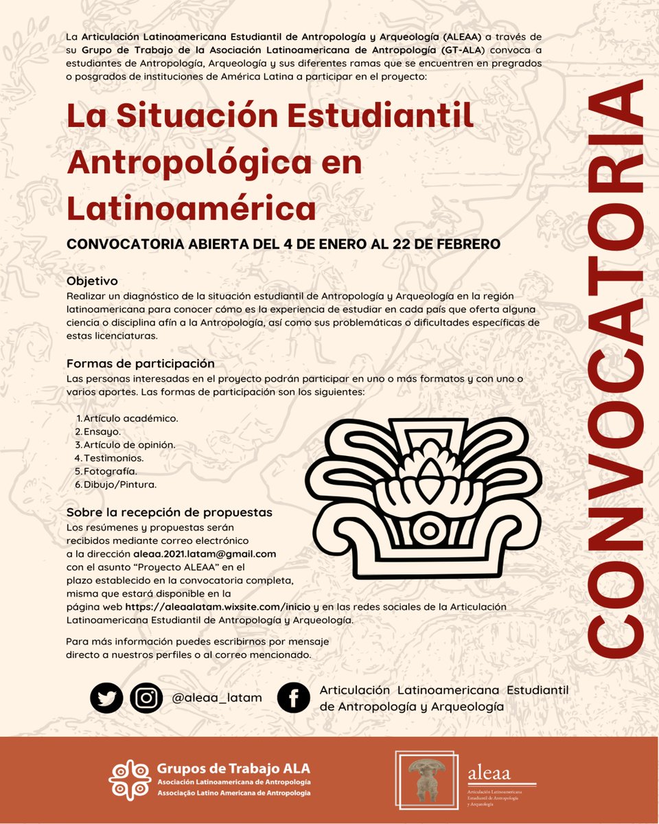 ALAntropologia's tweet photo. La Articulación Latinoamericana Estudiantil de Antropología y Arqueología a través convoca a participar en su proyecto. https://t.co/rIo7RUWuiD

A Articulación Estudiantil de Antropología y Arqueología Latinoamericana convida a participar de seu projeto.
https://t.co/rIo7RUWuiD https://t.co/wcKq7Geuwd