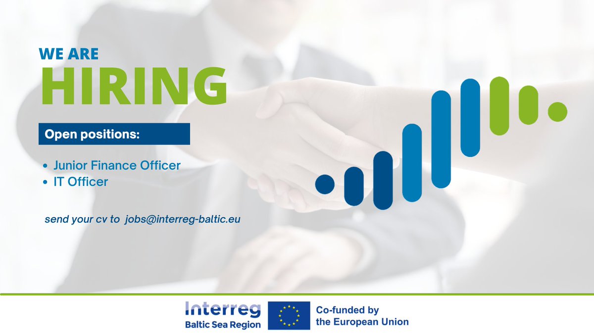 We are #hiring! 🎉

The #Interreg #BalticSeaRegion Managing Authority/Joint Secretariat in Rostock has currently two open #vacancies: 
-Junior Finance Officer
-IT Officer
Deadline for application is ➡️30 January 2023. Check our portal for more details interreg-baltic.eu/jobs/