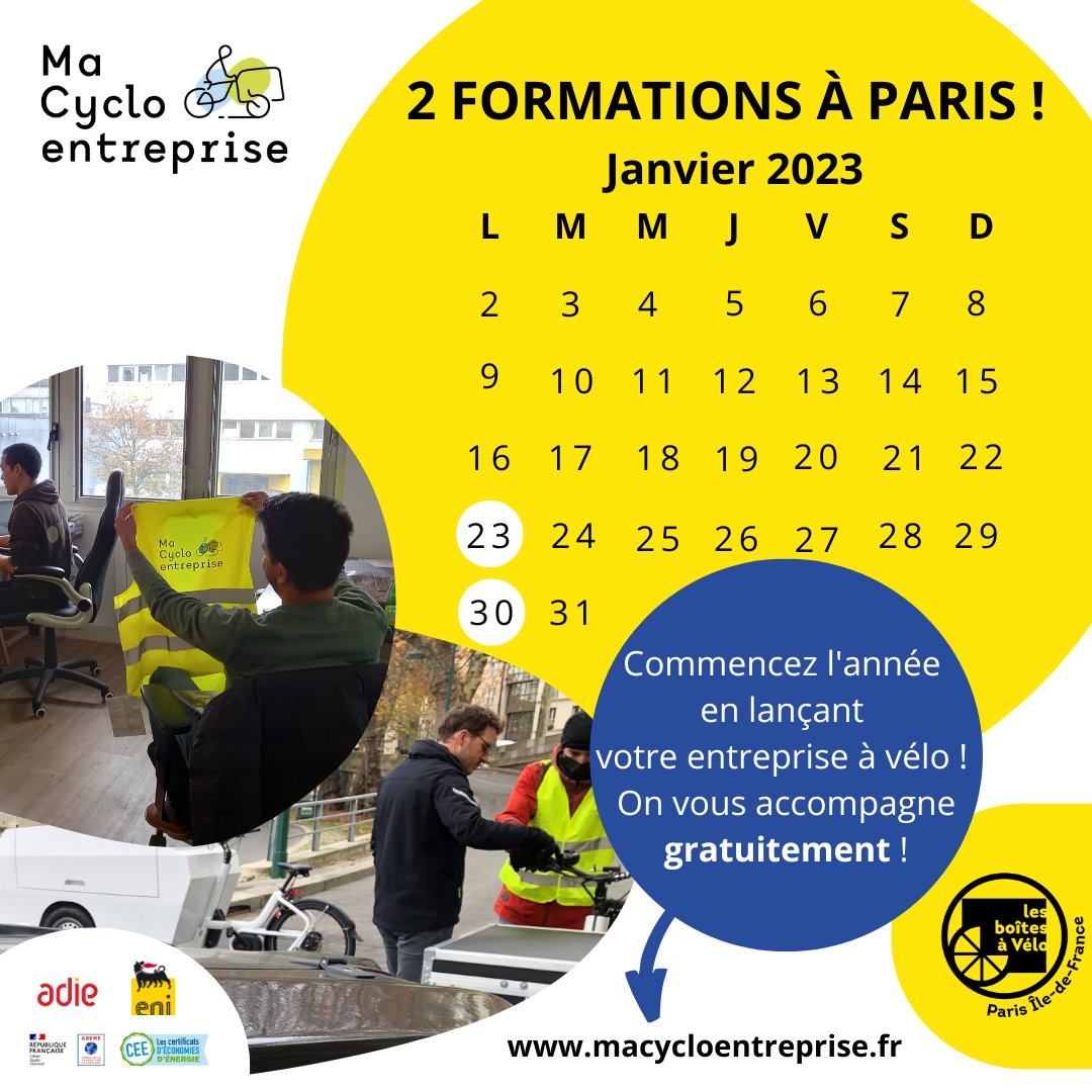 [ MA CYCLOENTREPRISE : 2 FORMATIONS EN JANVIER À PARIS ! ]😮Il ne reste que 6 mois pour profiter de ce PROGRAMME GRATUIT qui vous permet de lancer votre #entreprise à #vélo en étant accompagné d'un réseau d'experts ! bit.ly/3EVh57K
#cyclomobilité #entreprendreautrement