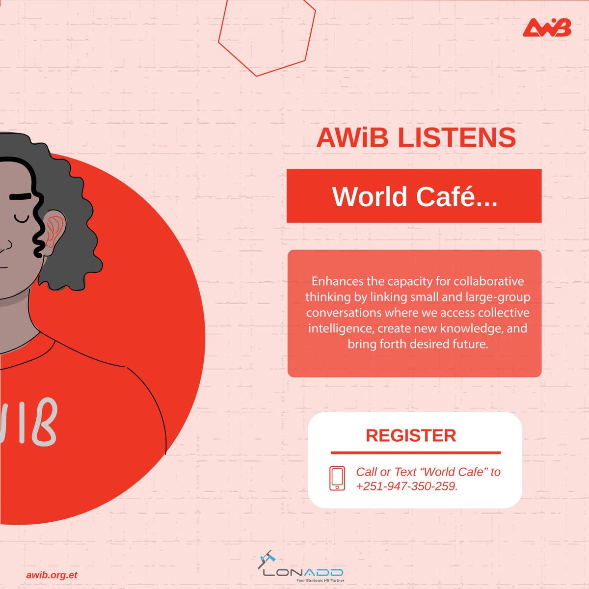 AWiBEthiopia's tweet photo. #AWiB invites you to this interactive session, where you, the participant, are the main contributor. Join us on Jan 5 by texting "Cafe" to 0947350259. @LinkUpAddis https://t.co/UYaEiWJxZf
