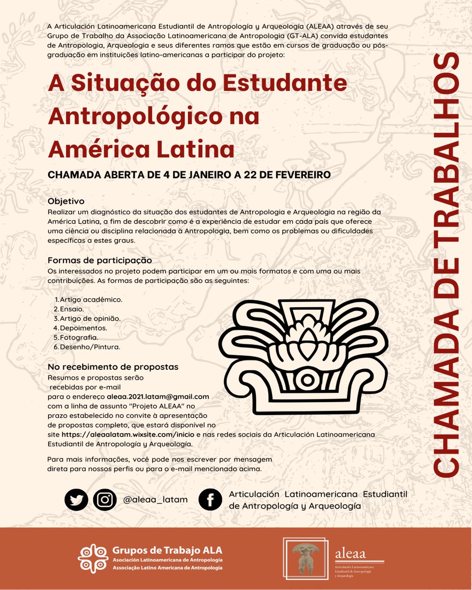 ALAntropologia's tweet photo. La Articulación Latinoamericana Estudiantil de Antropología y Arqueología a través convoca a participar en su proyecto. https://t.co/rIo7RUWuiD

A Articulación Estudiantil de Antropología y Arqueología Latinoamericana convida a participar de seu projeto.
https://t.co/rIo7RUWuiD https://t.co/wcKq7Geuwd