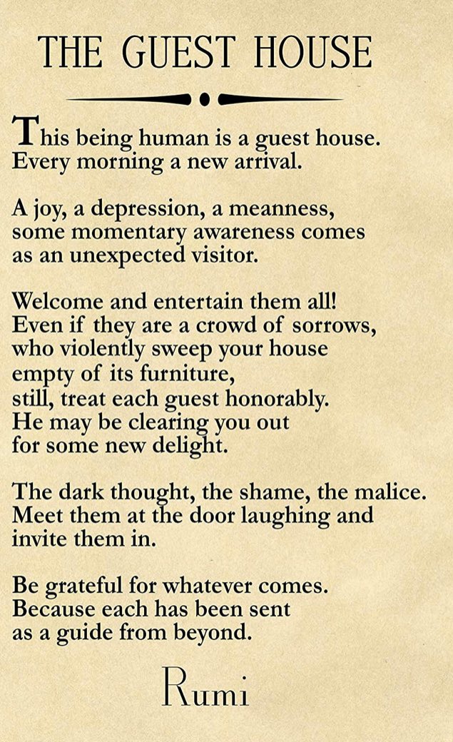 Rumi, the 13th century Persian poet and scholar on the daily experience, struggle and joy of ‘being human’. 
May you be a loving Guest House today. #Prayer #Rumi #Spirituality