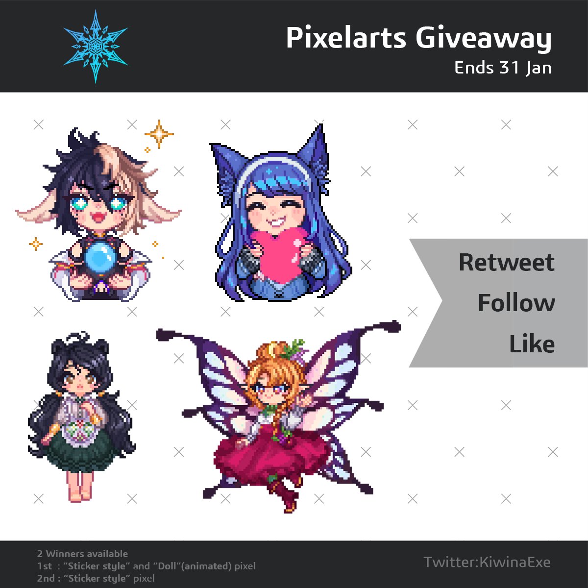 KiwinaExe's tweet photo. ❄𝟸𝟶𝟸𝟹 𝙿𝚒𝚡𝚎𝚕𝚊𝚛𝚝 𝚁𝚊𝚏𝚏𝚕𝚎 !❄

🎊Two winners will be chosen on 31th of Jan✨
💙 Prize info are on pic 💙

🔴How to enter:
🔹Like - Retweet - Follow
🔹Drop your png and tell me your favorite kind of tea 🍵 (optional)

Good Luck y'all ❣ https://t.co/SC5bP4qHS4