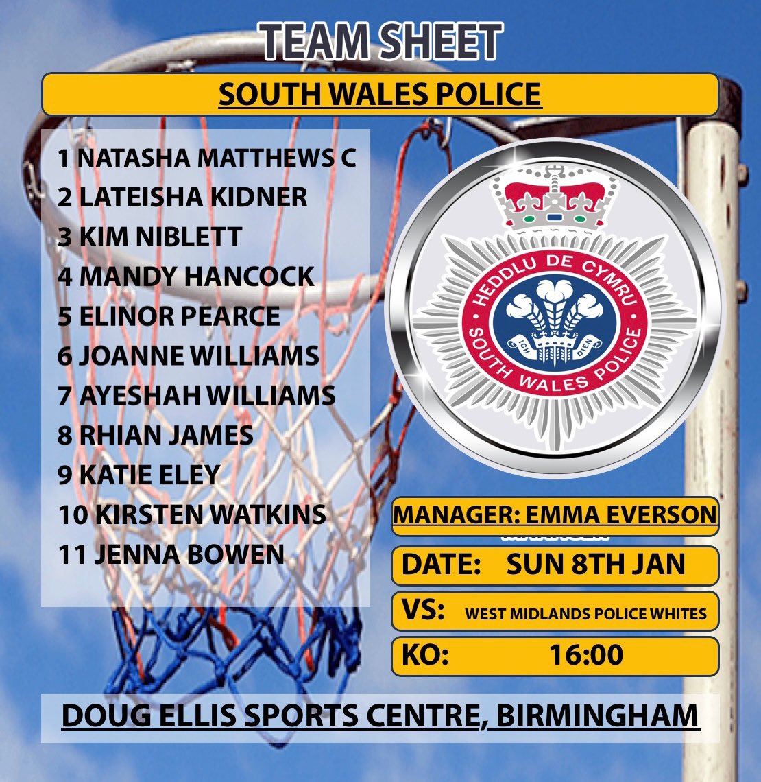 NetballSwp's tweet image. TEAM ANNOUNCEMENT 📣 

Drum roll please 🥁 

Congratulations to the following players for Sunday’s game! 

Best of Luck 🍀 🏐

#PobLwc #womeninsport #PSUK #SWPNetball @swpolice