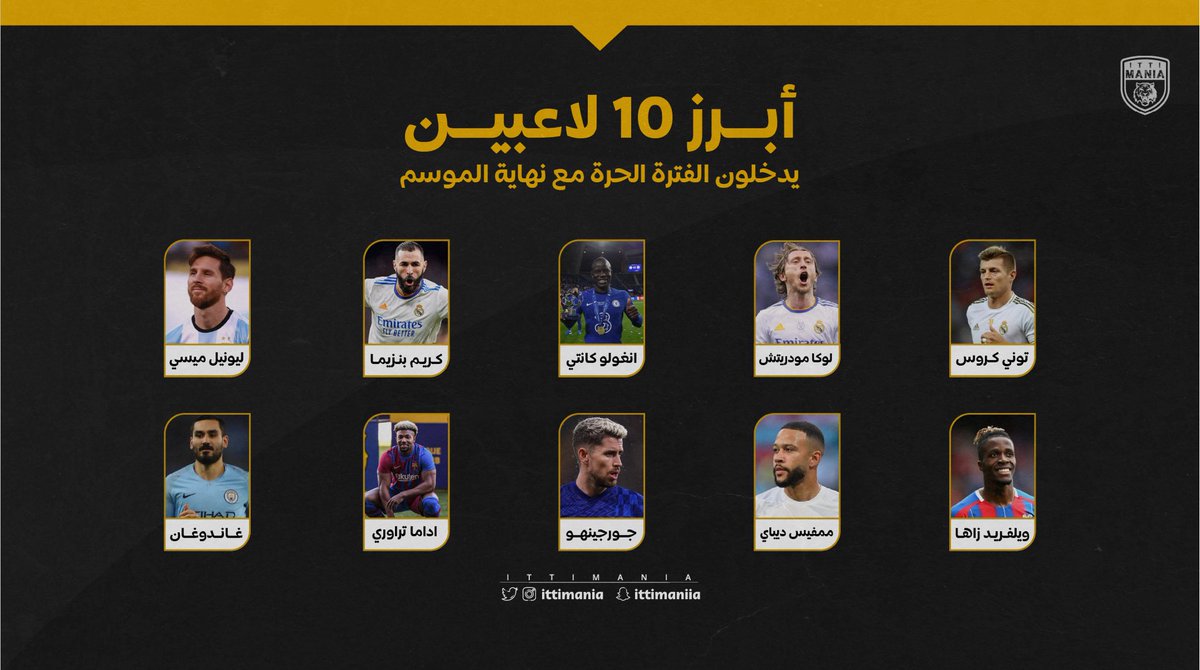 IttiMania's tweet photo. أبرز 10 لاعبين عالميين تنتهي عقودهم نهاية الموسم، من اللاعب الذي ترغب برؤيته في #الاتحاد؟ 🤔

#ITTIMANIA https://t.co/M5j2zIqN7t