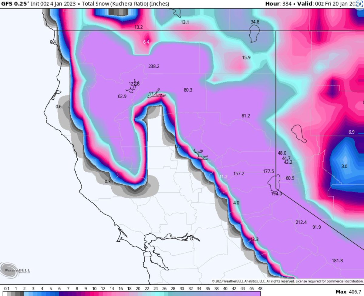 GFS_Snow_Map's tweet photo. @capitalweather @islivingston @dougkammerer are we more impressed with 33 feet of snow or 38 inches of precipitation out west?  Of course I’ll take snow.  2+ feet of snow, every day, for 15 days…that’s a solid days work here in snow map land. https://t.co/JsLKpUGpSu