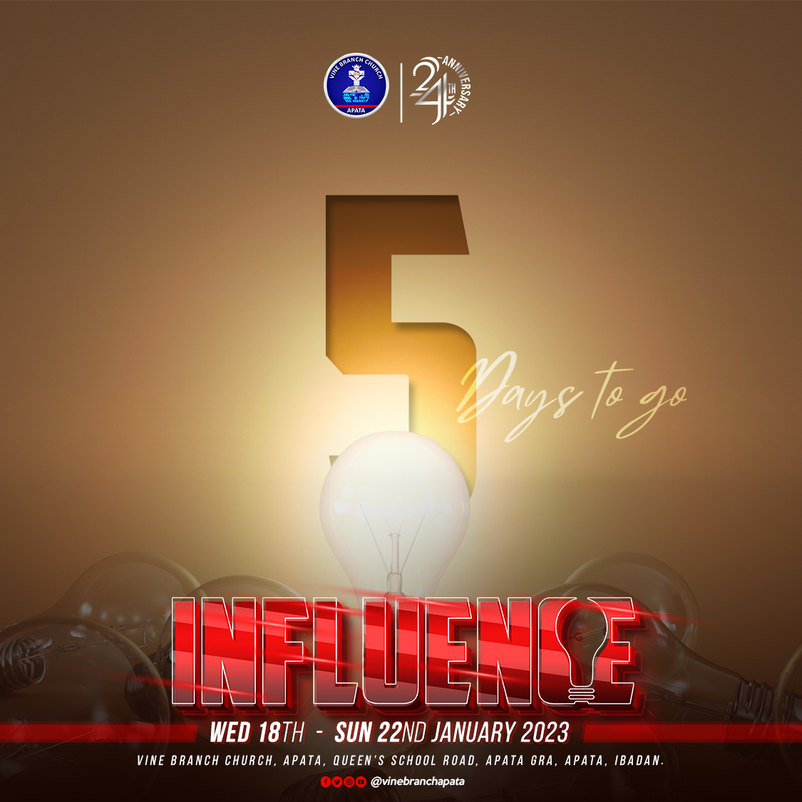 vinebranchapata's tweet photo. It's 5 days to INFLUENCE🔥🔥🔥

Be expectant!!!

#Influence #TheTimeforInfluenceisNow #vinebranchchurch #vbcapata https://t.co/fiFcT6PS7Z