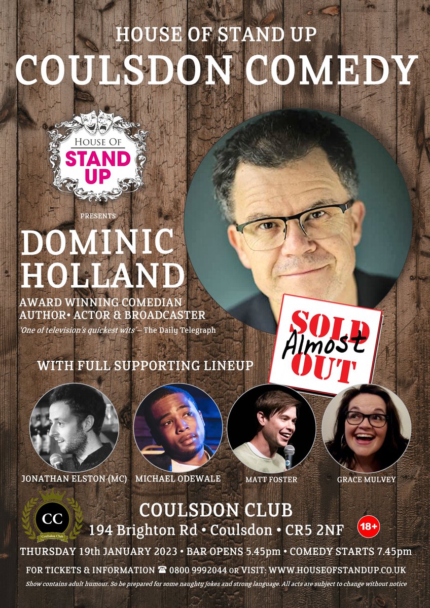 HouseofStandUp's tweet photo. NEARLY SOLD OUT
'Coulsdon Comedy' Starring Dominic Holland plus a great supporting line-up!
Details and tickets at https://t.co/WyjROIunZD
#comedy #standupcomedy #coulsdon #oldcoulsdon #kenley #purley #croydon #warlingham #banstead #caterham #sutton #surrey #MattFoster https://t.co/qfZuZWnULG