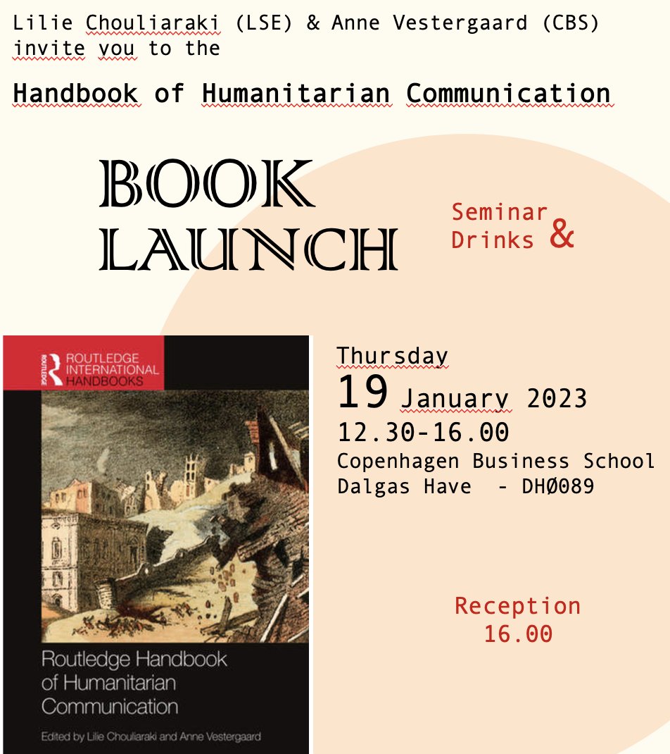 AnneVestergaar7's tweet photo. Join our book launch seminar remotely. It is January 19th and it features a great line-up of scholars @chouliaraki_l  @andrewhoskins @wheretheroad @Maria_Kyriakid @BrandAid_World @DrAnkeSchwittay @metmort Remote participation via https://t.co/p0FcsszuSh https://t.co/TSj7asjwsa