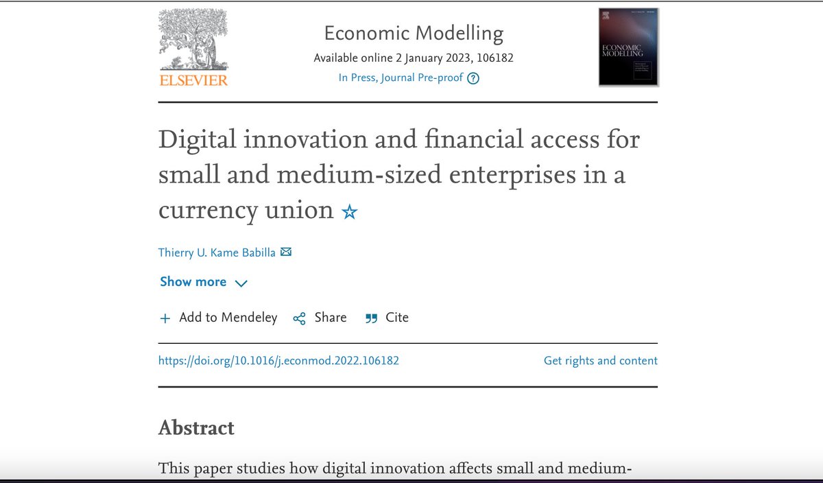 Thierry_Kame's tweet photo. I am overwhelming pleased to share my two latest PUBLICATIONS in this successful & blessed New Year 2023
1.Economic Modelling:
https://t.co/61d84LKpBH
2. International Journal of Finance & Economics:
https://t.co/l3k5TnkolC
#EconTwitter #DSGEmodel #MonetaryPolicy #Finance https://t.co/jmKjIfDOzA
